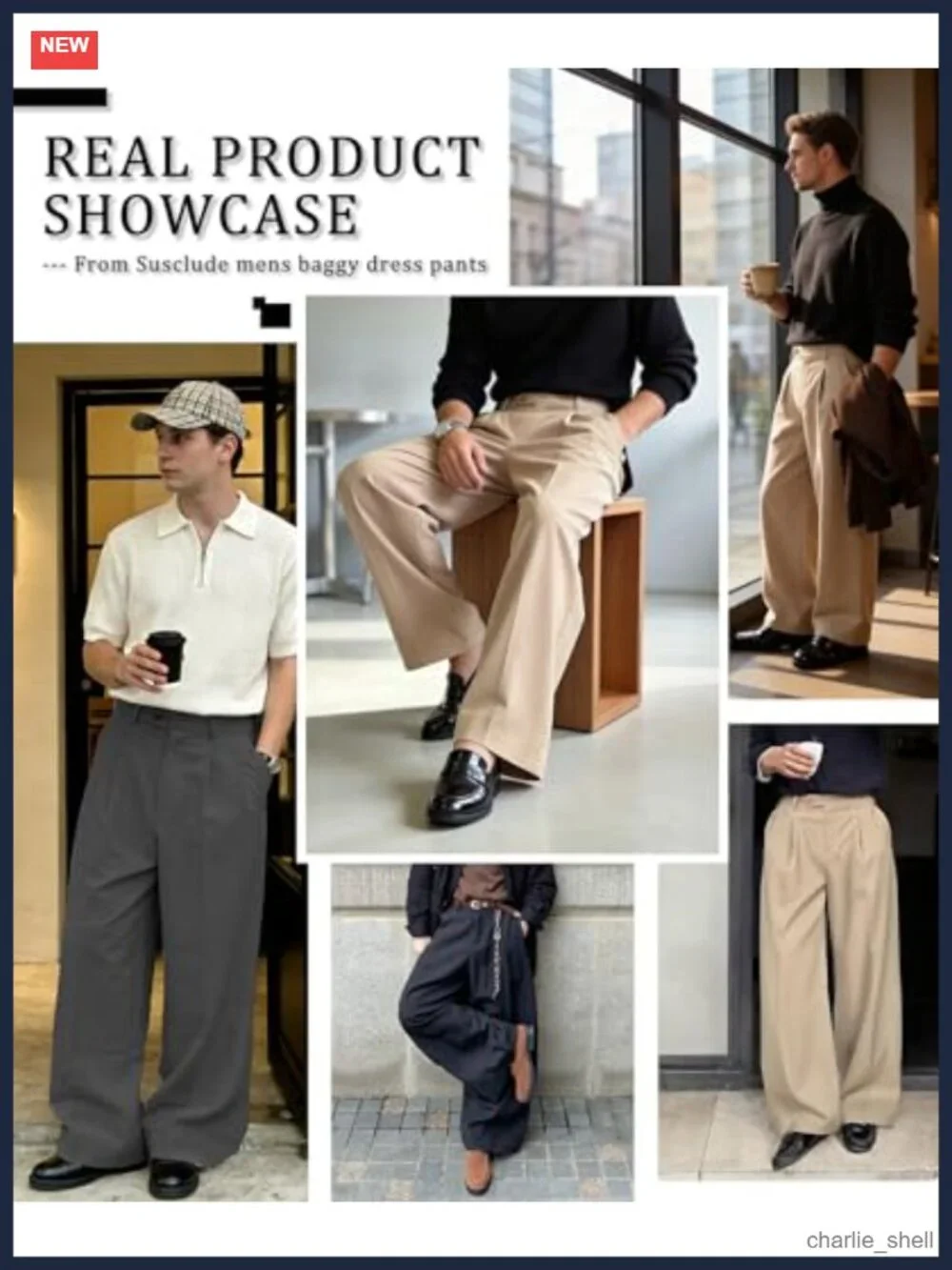 Men's Wide Leg Pleated Pants Elastic Waist Casual Dress Trousers